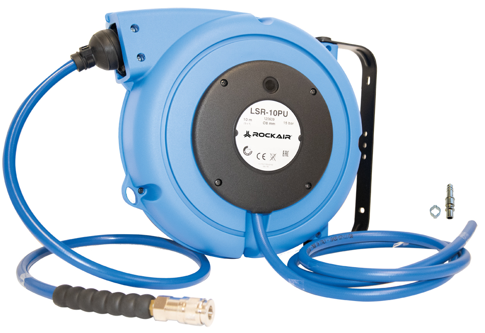 Druckluft-Schlauchaufroller Kunststoff Rockair LSR-10PUK, mit montierter Schnellkupplung und Stecknippel Druckluft-Schlauchaufroller Kunststoff Rockair LSR-10PUK, mit montierter Schnellkupplung und Stecknippel