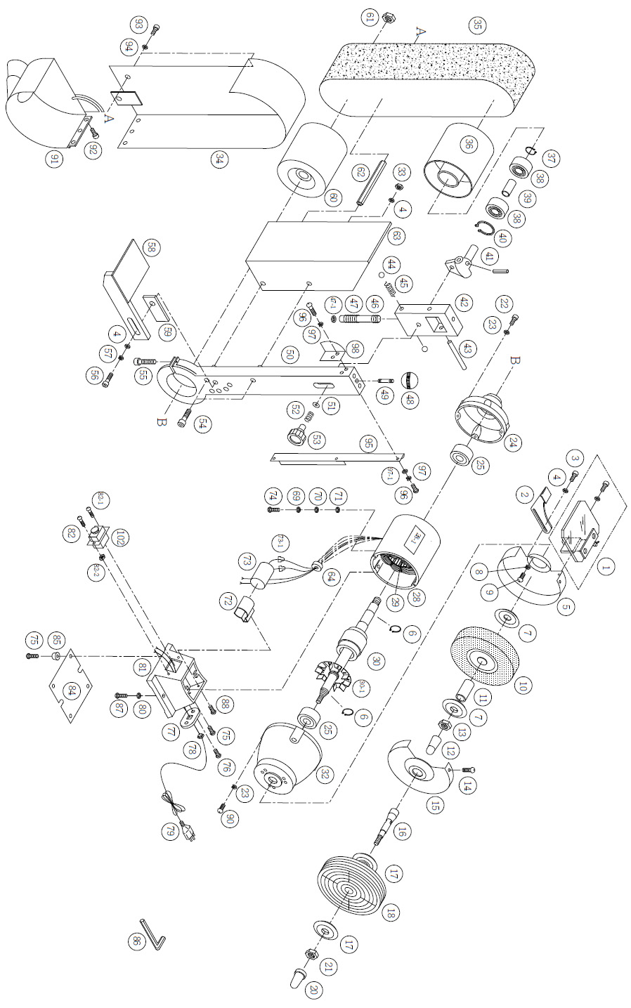 Bandschleifmaschine Proton BS-50M, mit Wellenverlängerung und Schwabbelscheibe Bandschleifmaschine Proton BS-50M, mit Wellenverlängerung und Schwabbelscheibe