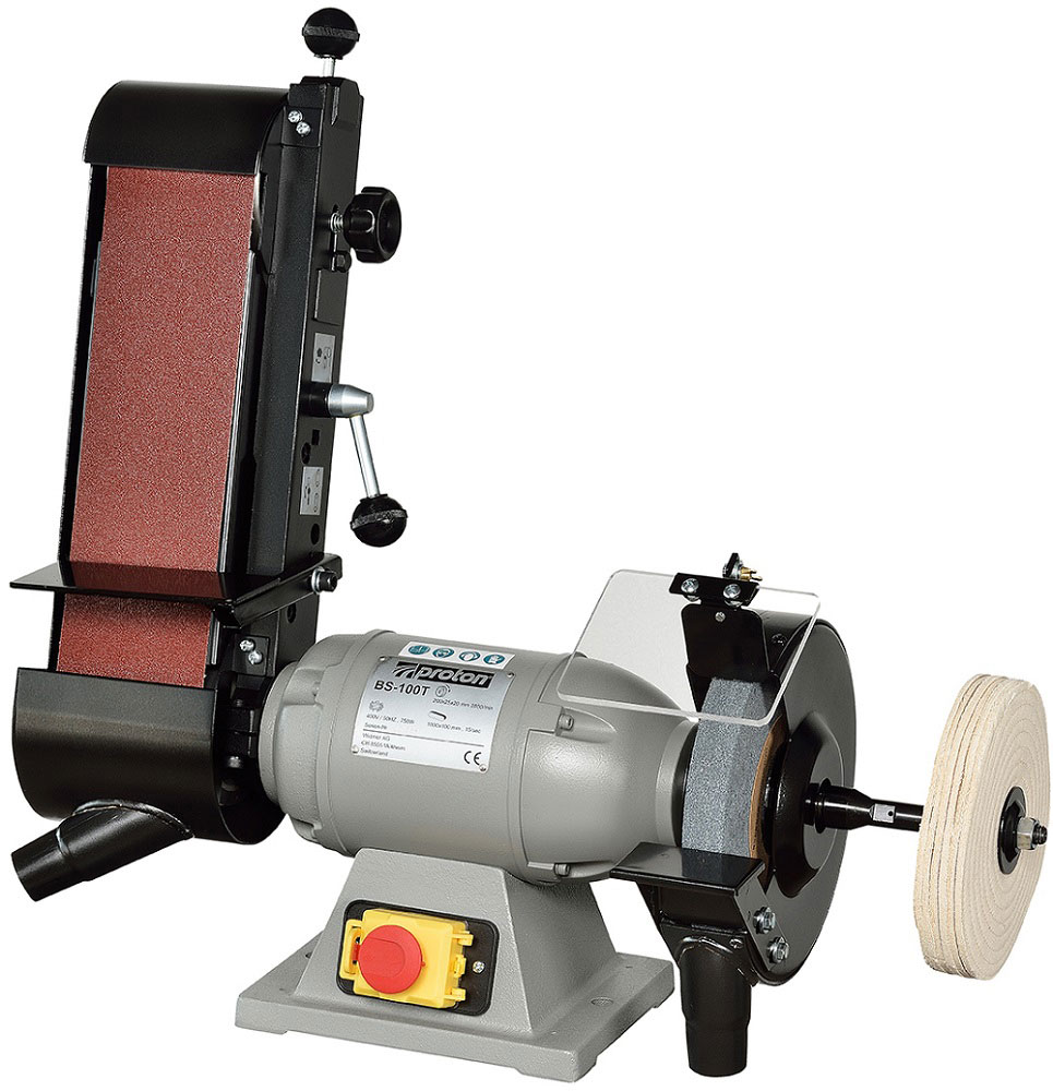 Bandschleifmaschine Proton BS-100T, mit Wellenverlängerung und Schwabbelscheibe Bandschleifmaschine Proton BS-100T, mit Wellenverlängerung und Schwabbelscheibe