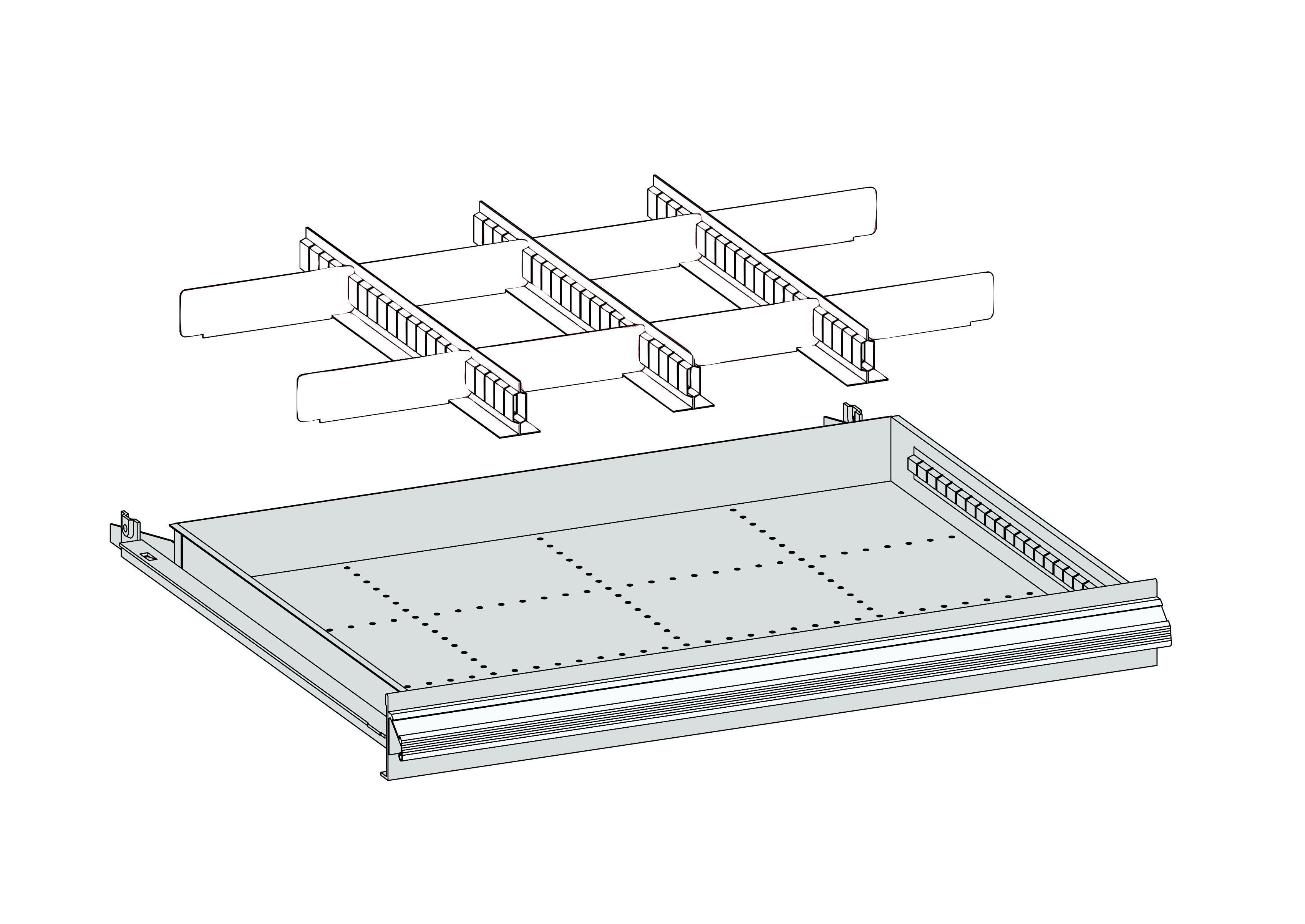 Einteilungsmaterial für Schubladen Metall, 460 x 450 x 75 mm Einteilungsmaterial für Schubladen Metall, 460 x 450 x 75 mm