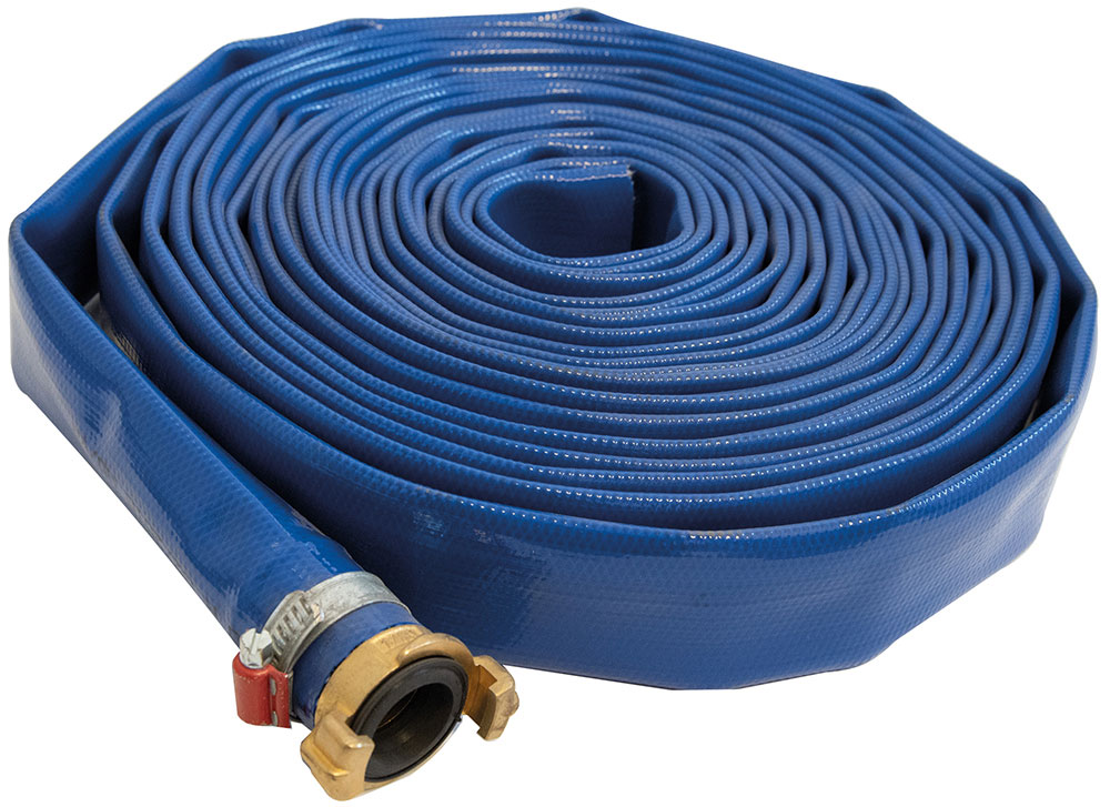 Flachschlauch PVC, ID=32 mm, Länge 25 m, mit Geka-Kupplung mit Stutzen 32 mm und Schlauchklemme Flachschlauch PVC, ID=32 mm, Länge 25 m, mit Geka-Kupplung mit Stutzen 32 mm und Schlauchklemme