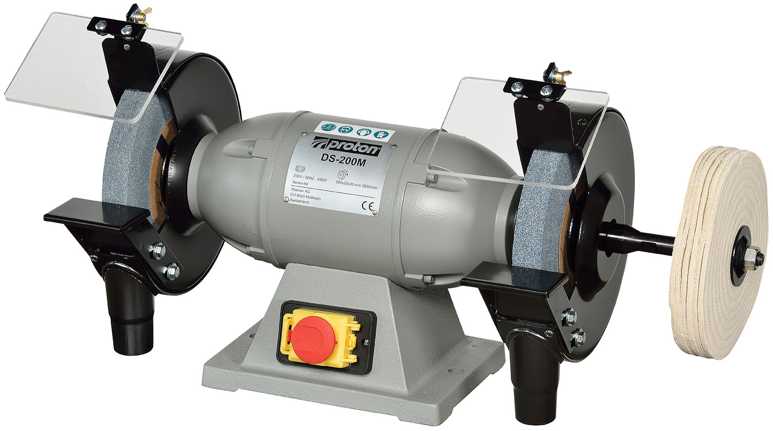 Doppelschleifmaschine Proton DS-200M, mit Wellenverlängerung und Schwabbelscheibe Doppelschleifmaschine Proton DS-200M, mit Wellenverlängerung und Schwabbelscheibe