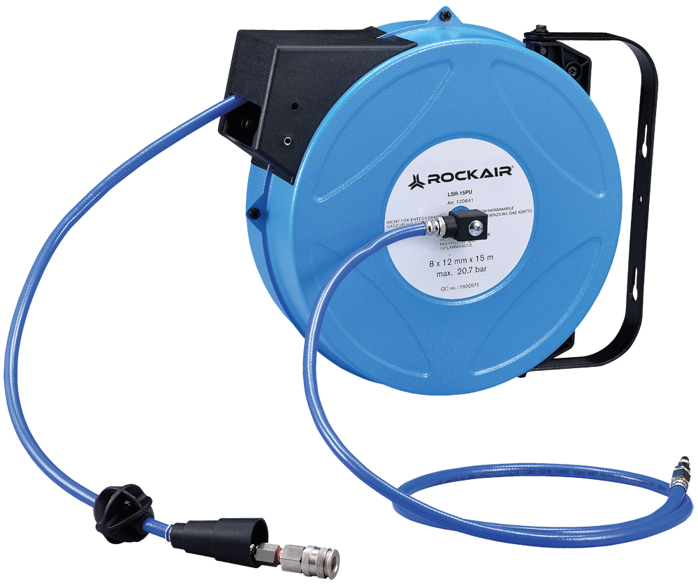 Druckluft-Schlauchaufroller Rockair LSR-12PU, mit montierter Schnellkupplung und Stecknippel Druckluft-Schlauchaufroller Rockair LSR-12PU, mit montierter Schnellkupplung und Stecknippel
