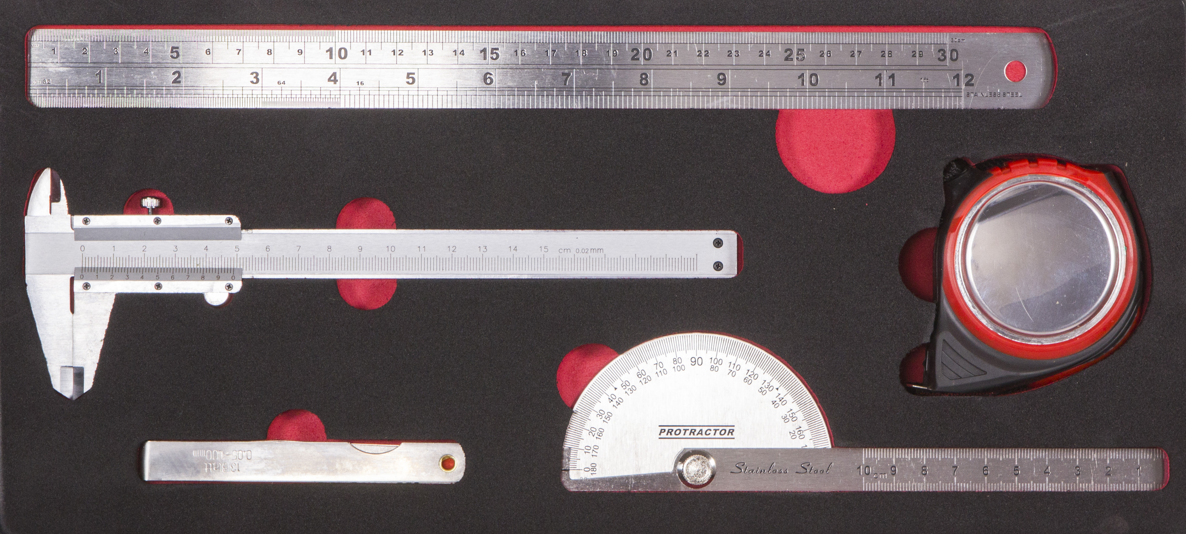 Messinstrument-Satz, 5-tlg., mit Schaumstoffeinlage Messinstrument-Satz, 5-tlg., mit Schaumstoffeinlage