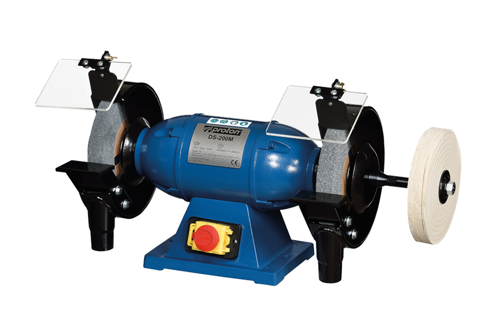 Doppelschleifmaschine Proton DS-200M, mit Wellenverlängerung und Schwabbelscheibe Doppelschleifmaschine Proton DS-200M, mit Wellenverlängerung und Schwabbelscheibe