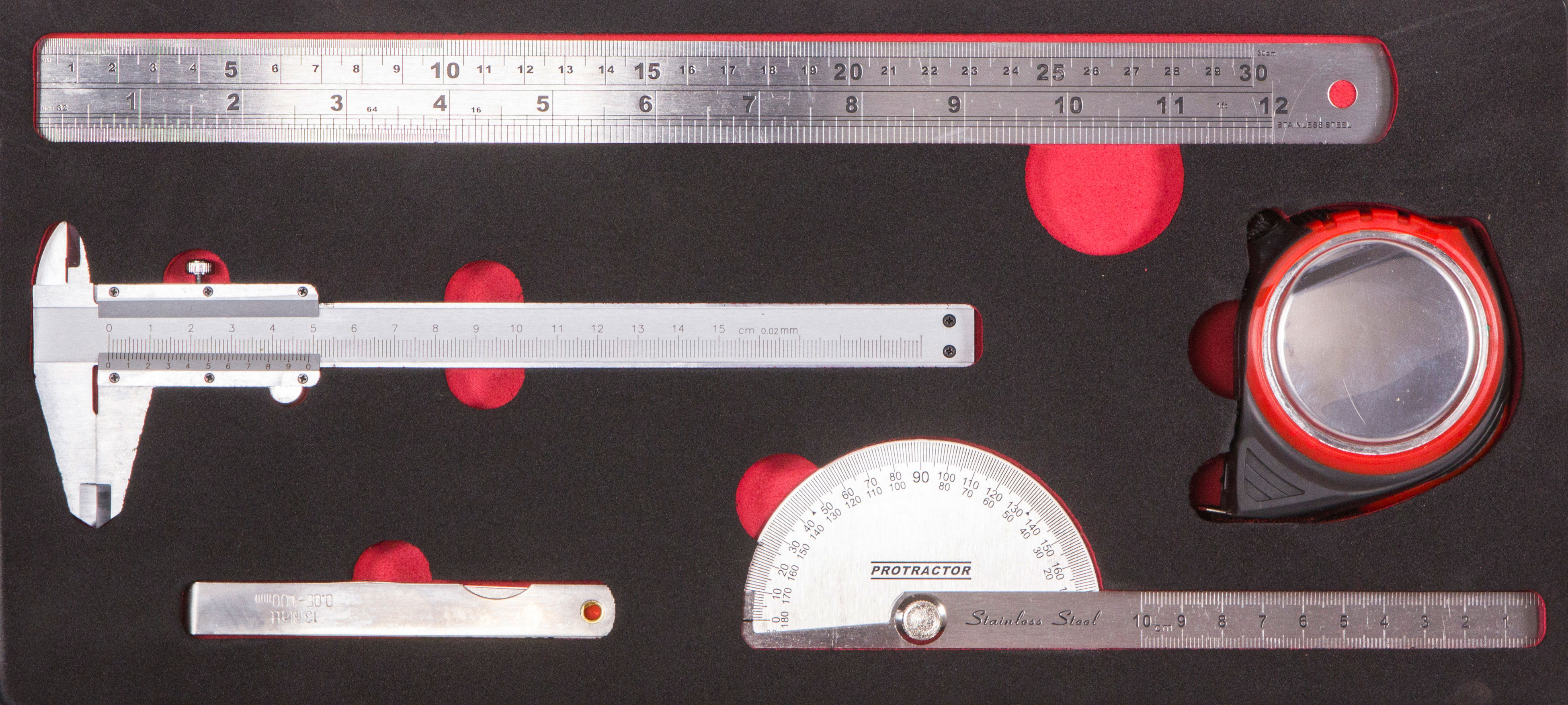 Messinstrument-Satz, 5-tlg., mit Schaumstoffeinlage Messinstrument-Satz, 5-tlg., mit Schaumstoffeinlage