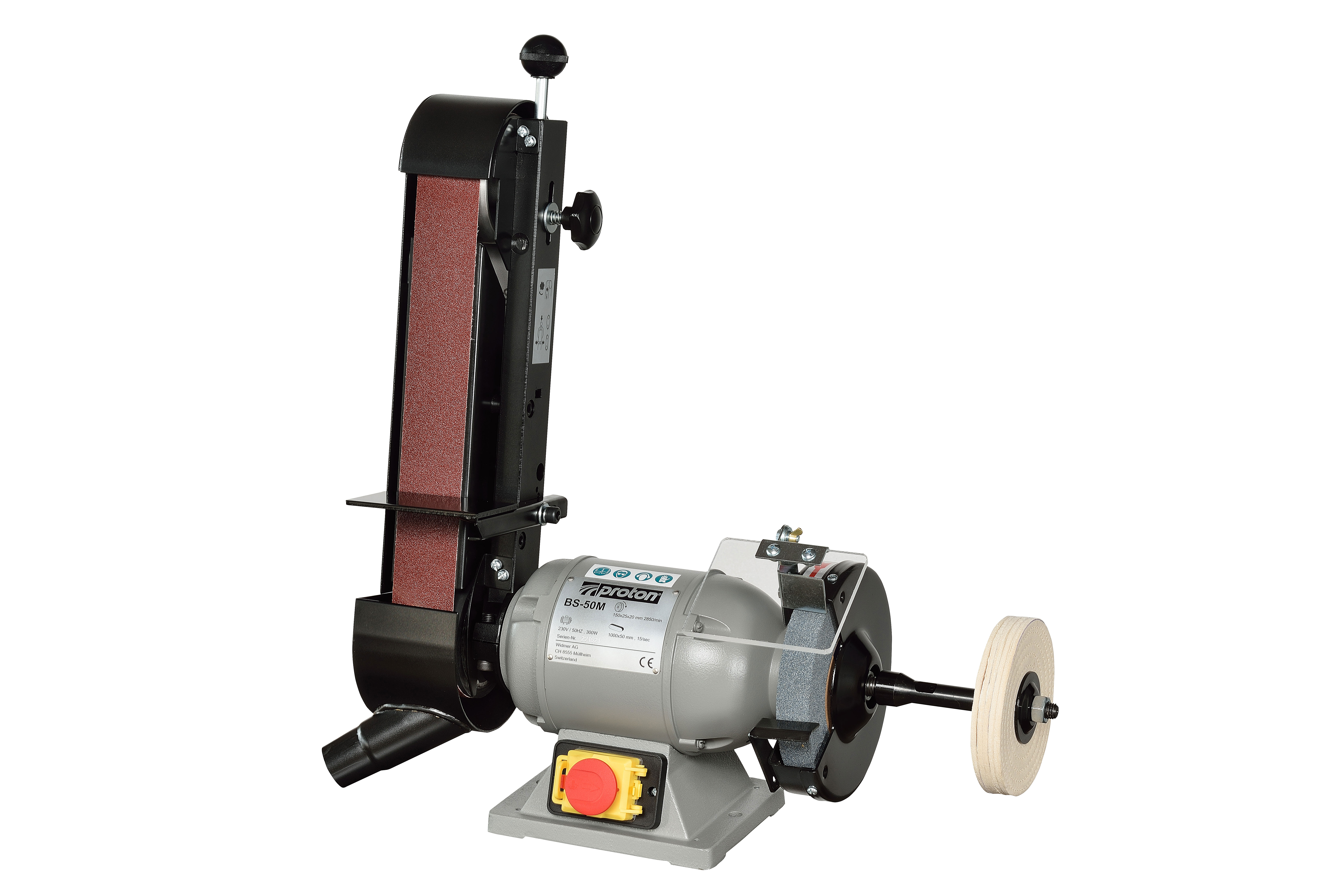 Bandschleifmaschine Proton BS-50M, mit Wellenverlängerung und Schwabbelscheibe Bandschleifmaschine Proton BS-50M, mit Wellenverlängerung und Schwabbelscheibe